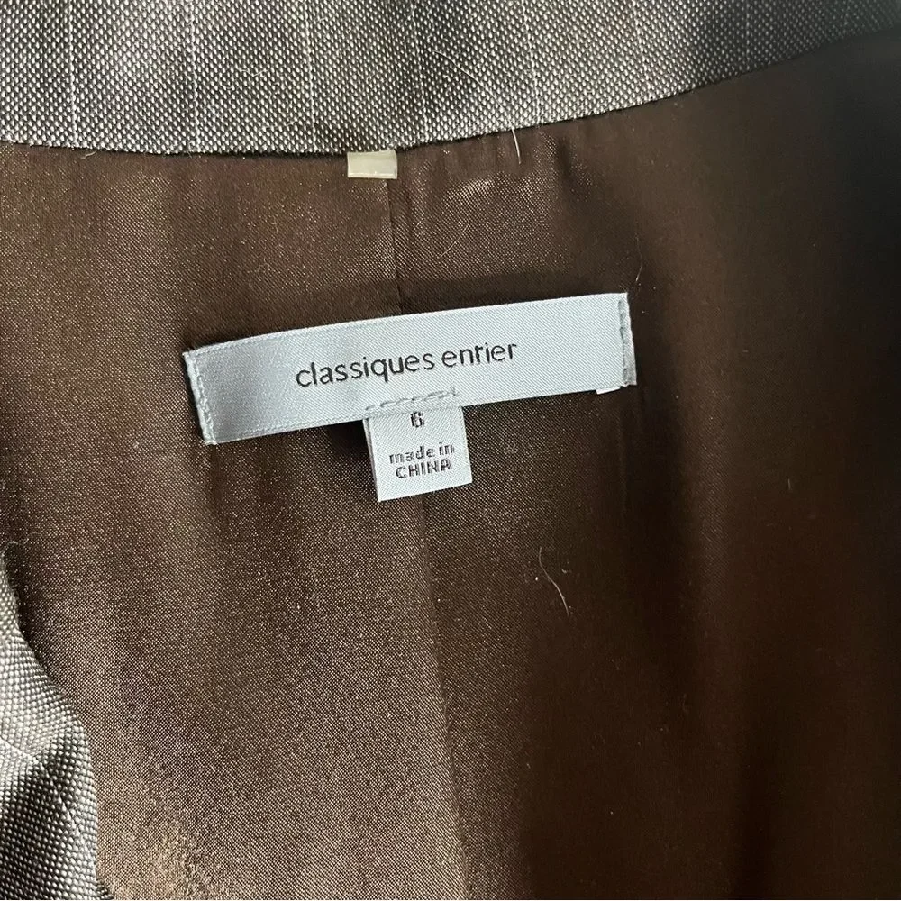CLASSIQUES ENTIER Pin Striped Blazer Jacket Brown One Button Peplum Lined Size 6